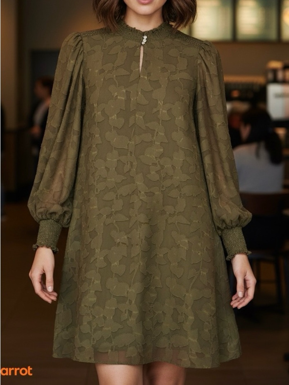 Tommy Hilfiger Olive Green Long Sleeve Smocked-Yoke Dress